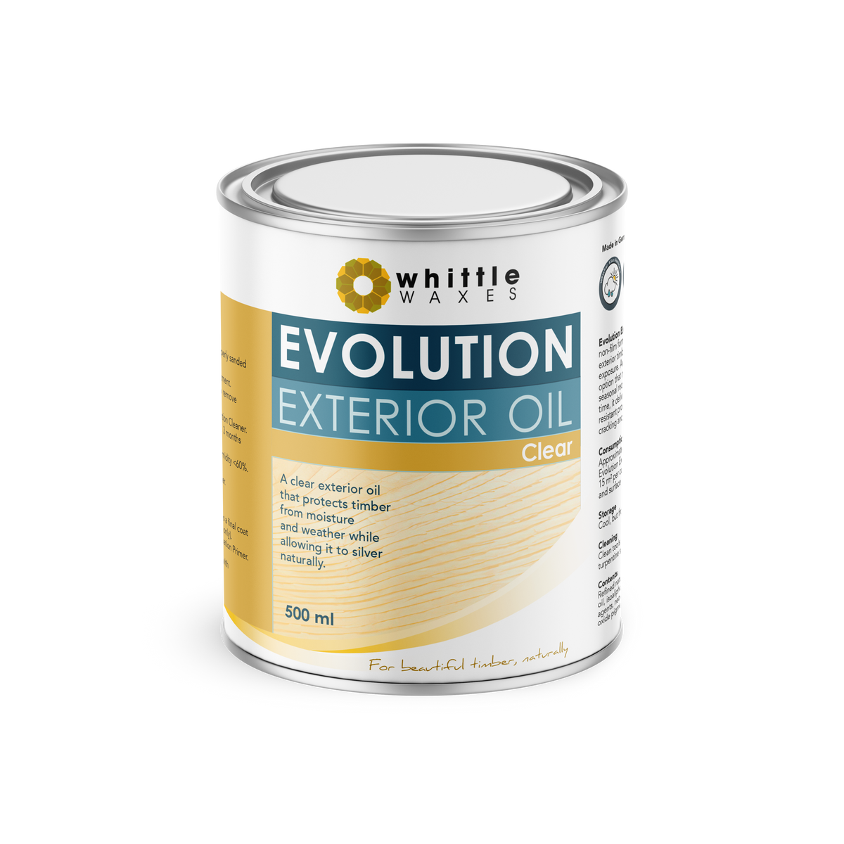 A 500 ml can of Whittle Waxes Evolution Exterior Oil in the 'Clear' variant, featuring a white and yellow label with a blue accent band, set against a plain white background.