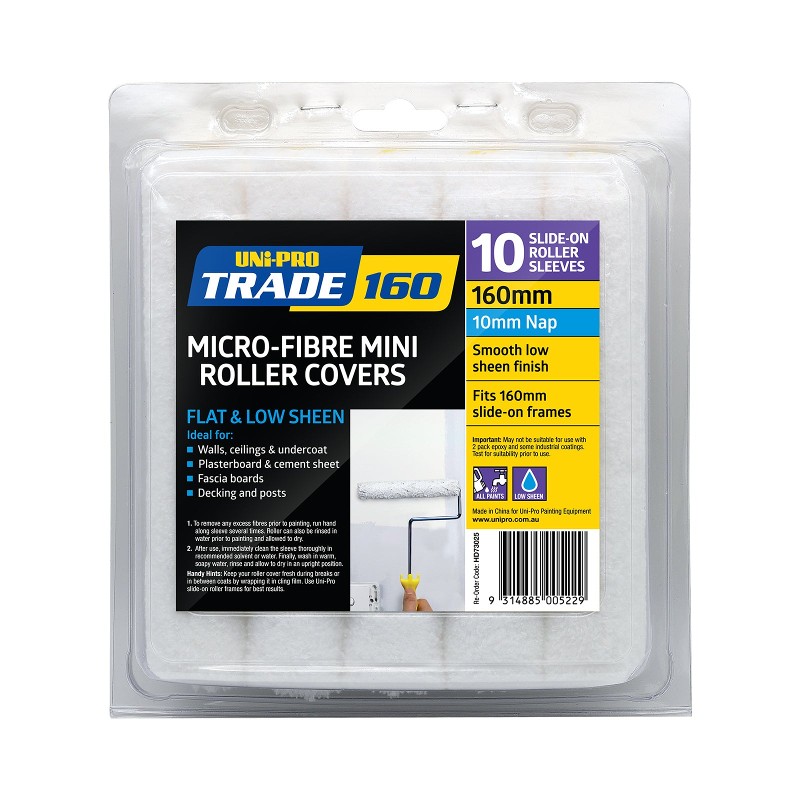 Uni-Pro Micro-fibre Mini Roller Covers (160mm x 10mm) - 10 sleeves