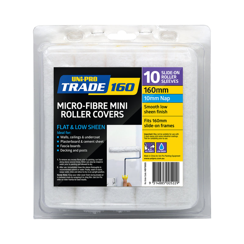 Uni-Pro Micro-fibre Mini Roller Covers (160mm x 10mm) - 10 sleeves