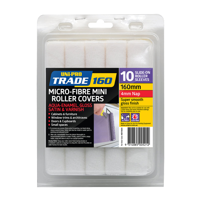 Uni-Pro Micro-fibre Mini Roller Covers (160mm x 4mm) - 10 sleeves